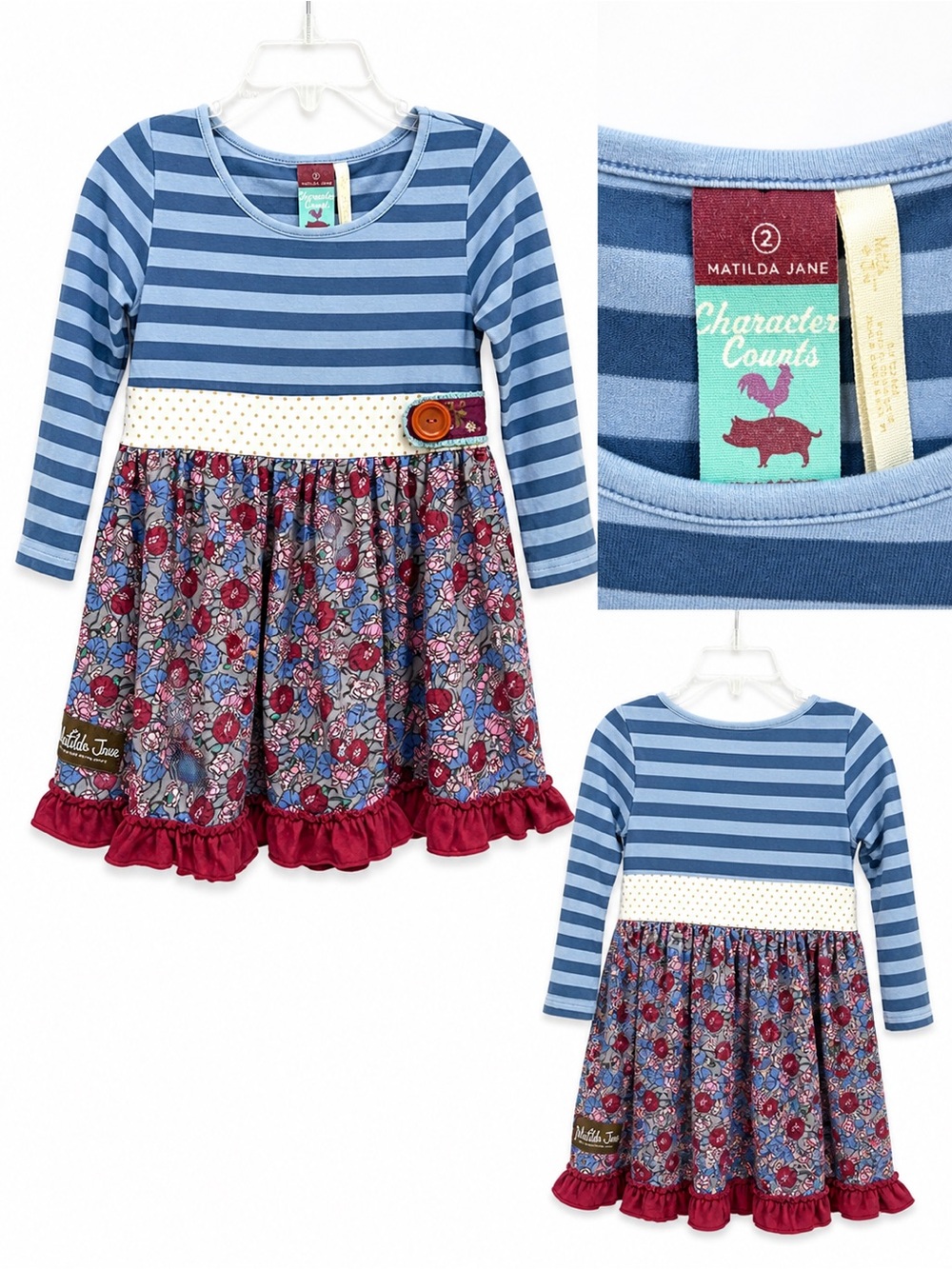 Matilda Jane Blue Stripe, Floral & Burgundy Ruffle Lap Dress - size 2